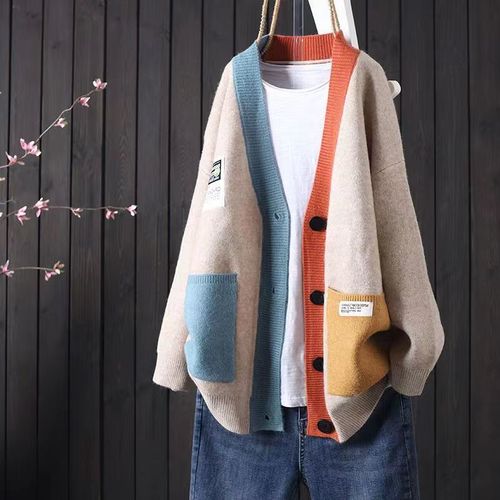 Artistic Autumn New Item Striped Loose Long-Sleeve Contrast Color Knit Women's Cardigan Casual Thick Buttoned Sweater Coat