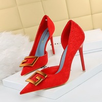 6168-2 in Europe and the sexy nightclub show thin fine with high heels shallow pointed mouth side hollow square buckle single shoe heels