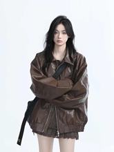 美式街头复古机车服黑色皮衣外套女春秋重磅宽松夹克上衣