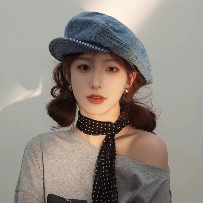 新款复古云朵牛仔八角帽春夏防晒洋气画家帽百搭显脸小遮阳帽子