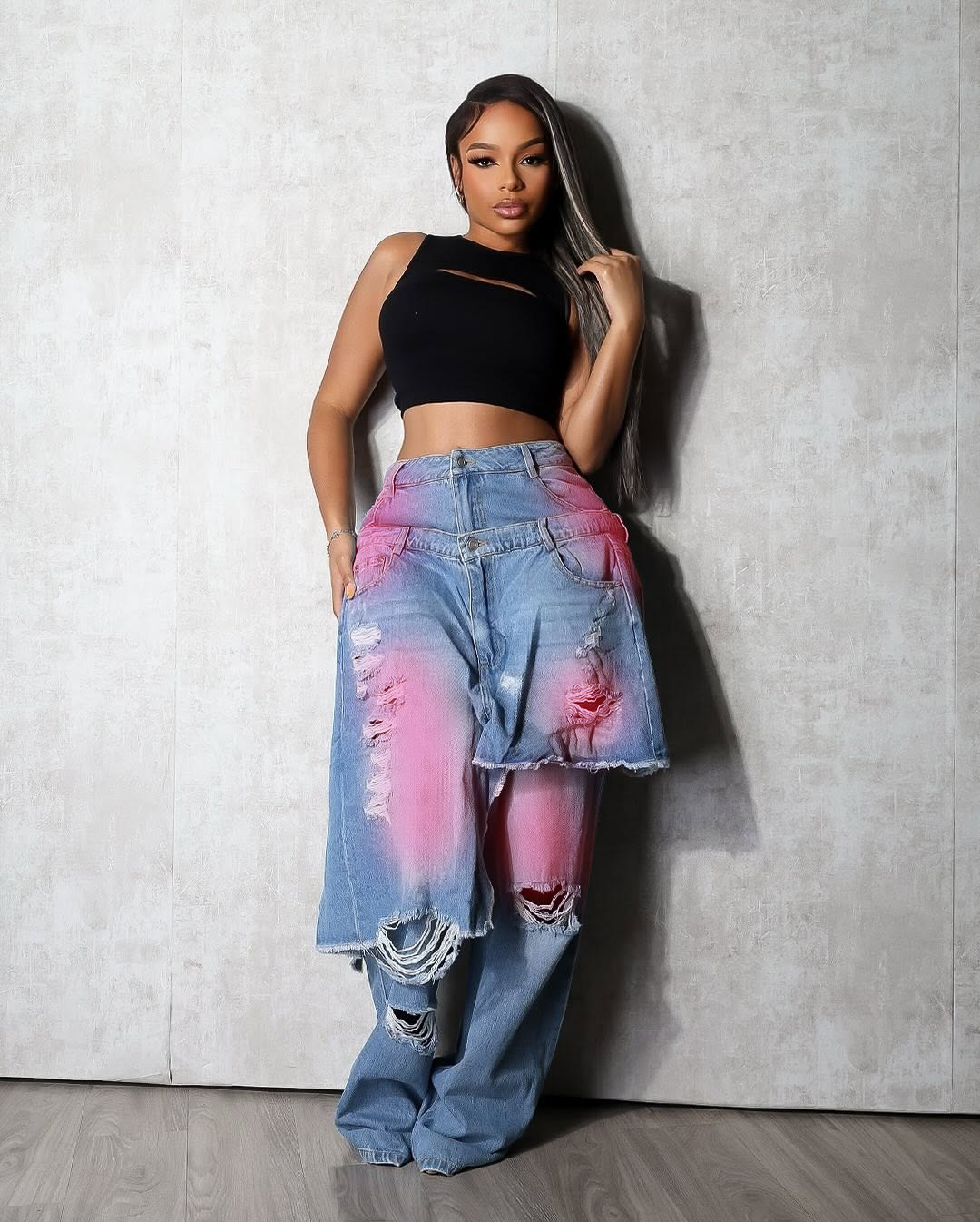 YL2568 Autumn/Winter European And American Women's Fashion Washed Ripped Spray-Dyed Loose Stretch Denim Patchwork_ecoleips.com