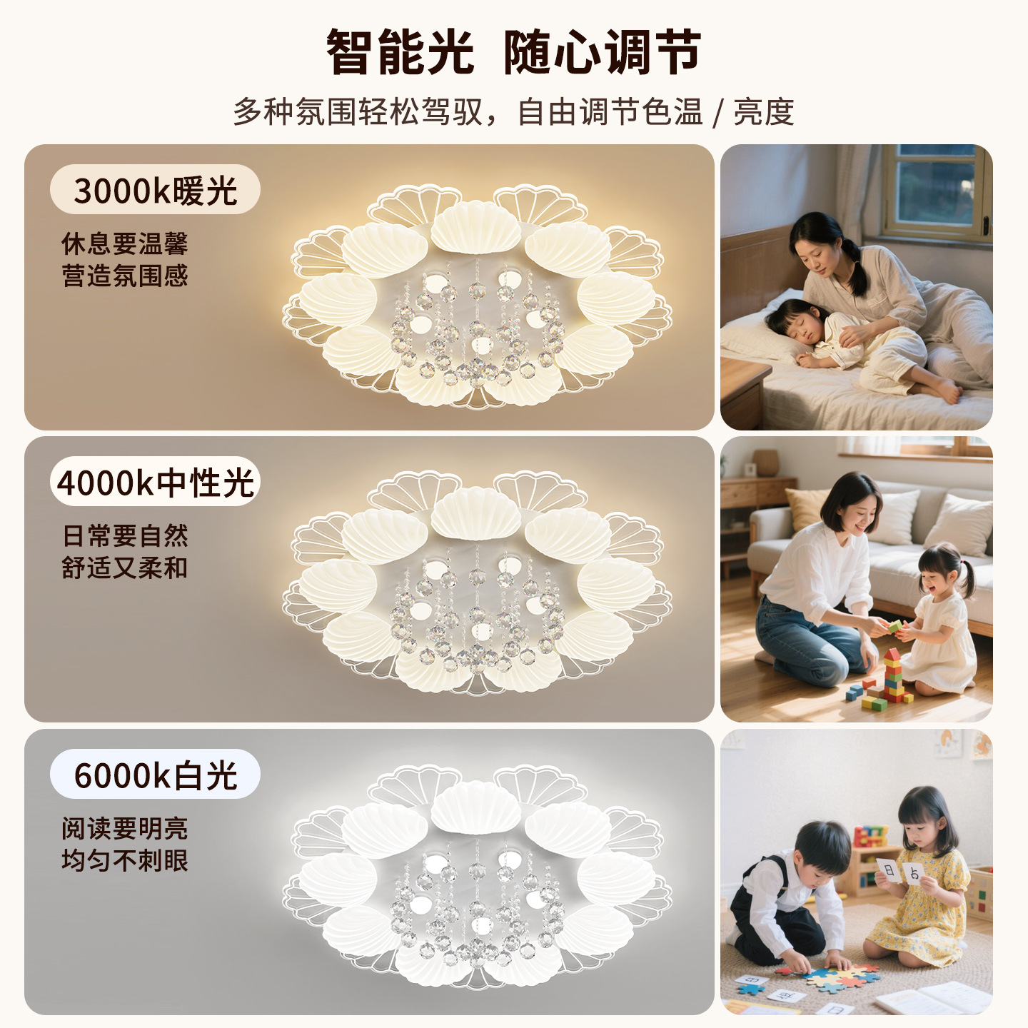 Faros en la sala de estar Luz de techo de cristal de concha creativa simple y moderna Luz de salón de sensación de lujo ligera de estilo crema 412L
