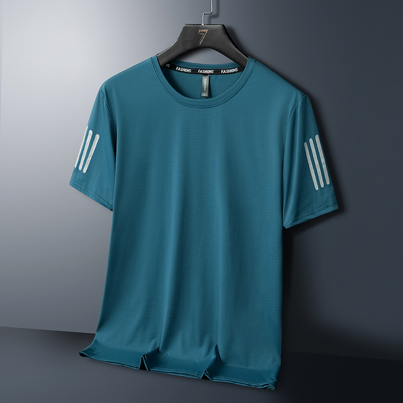 Camiseta transfronteriza de tres barras para hombre de gran tamaño de seda de hielo de manga corta verano delgado transpirable deportivo de secado rápido de media manga superior para correr