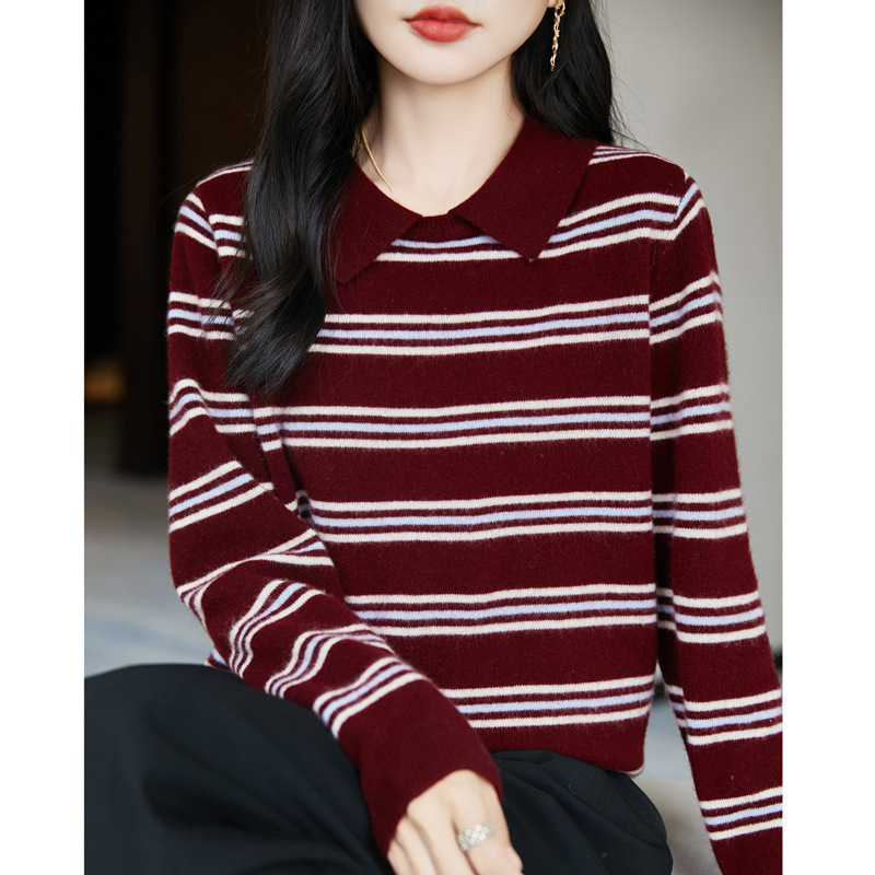 秋冬款100%纯羊毛衫女POLO领条纹拼色针织毛衣学院风宽松打底上衣|undefined