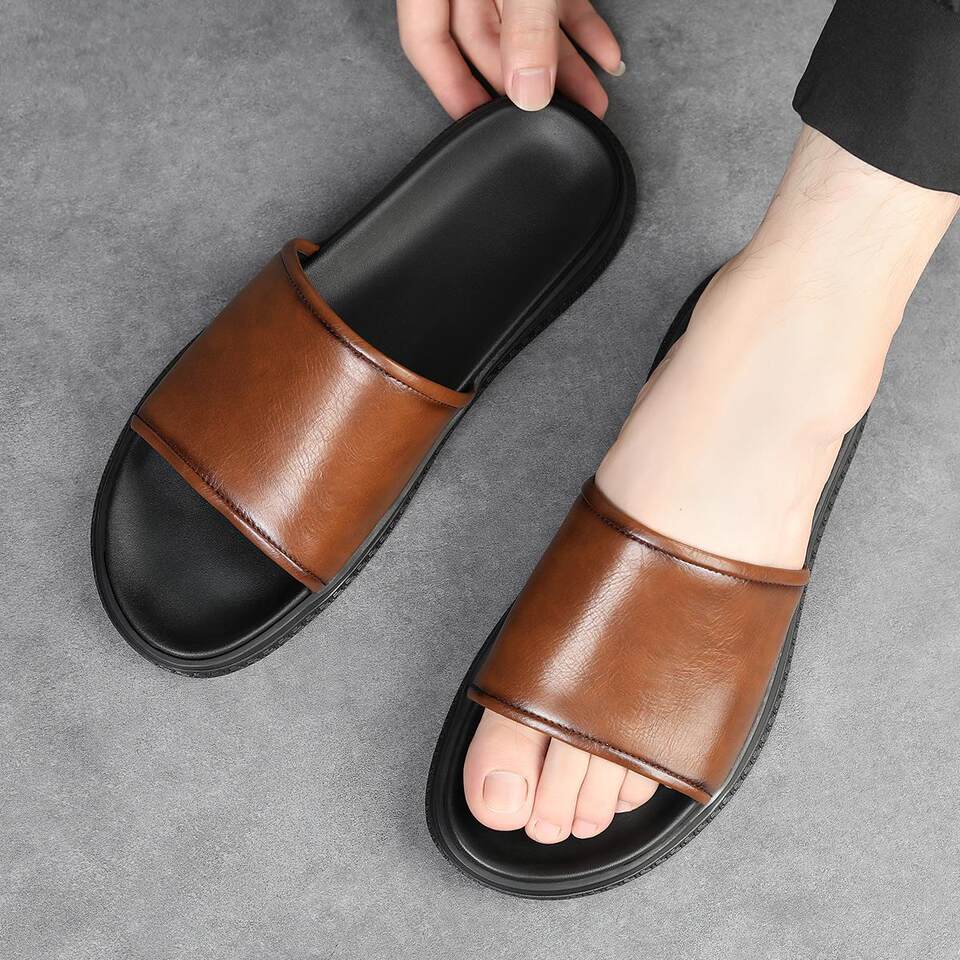 Dép sandal nam da bò thật quai ngang đế dày chống trượt, đi trong nhà và ngoài trời mùa hè — Màu nâu, màu đen
