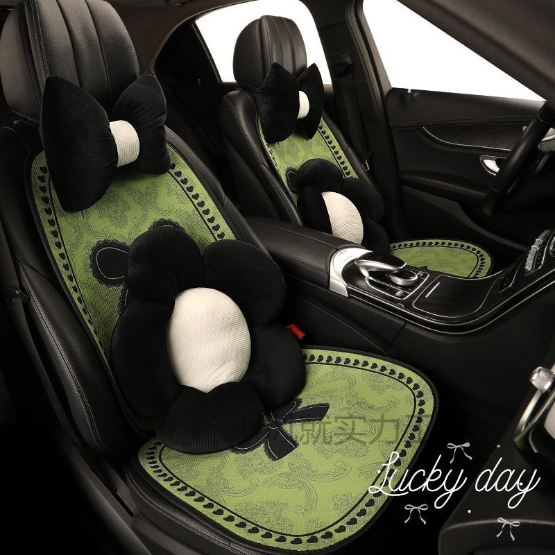 汽车座垫四季通用绿色蝴蝶结透气防滑简约半包潮款年轻人车内坐垫