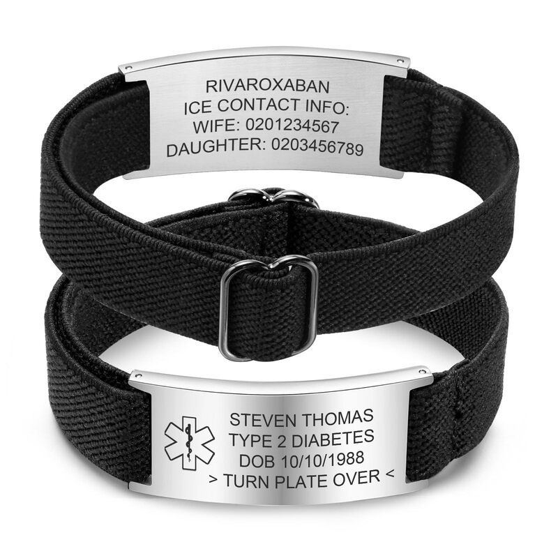 Stainless Steel Curved Bracelet with Needle, Elastic Braided Band, Medical Information, Black Stainless Steel Curved Bracelet with Engraving Stainless Steel Curved Bracelet with Needle, Elastic Braided Band, Medical Information, Black Stainless Steel Curved Bracelet with Engraving