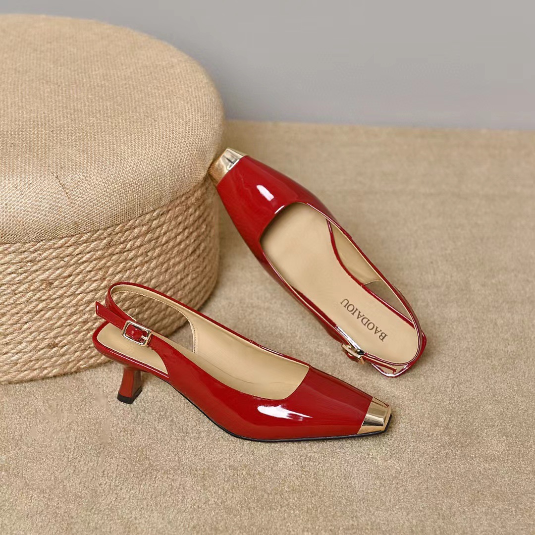 Giày sandal nữ mũi vuông da thật gót nhỏ đế mềm — Màu đen chi tiết 9