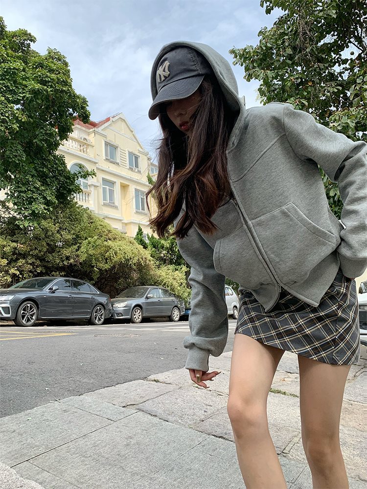Wasteland Sports-style Hooded Sweatshirt Coat Spring and Autumn Korean Commuter oversize Slimming Grey Long-sleeved Top