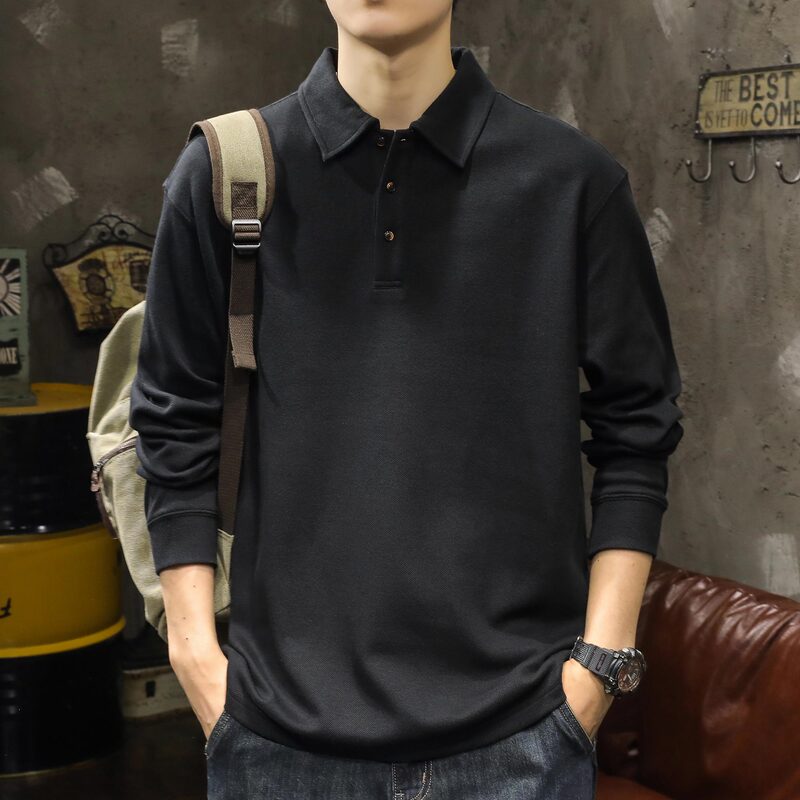 200g Heavyweight Cotton Long-Sleeved Polo Shirt Men's Spring and Autum Trendy Brand Loose American Retro Men's Sweatshirt Base
