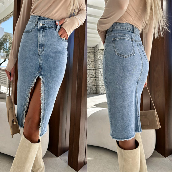23 years of Europe and the United States cross-border spring and summer new fresh sweet split fashion casual solid color denim hip dress 3232