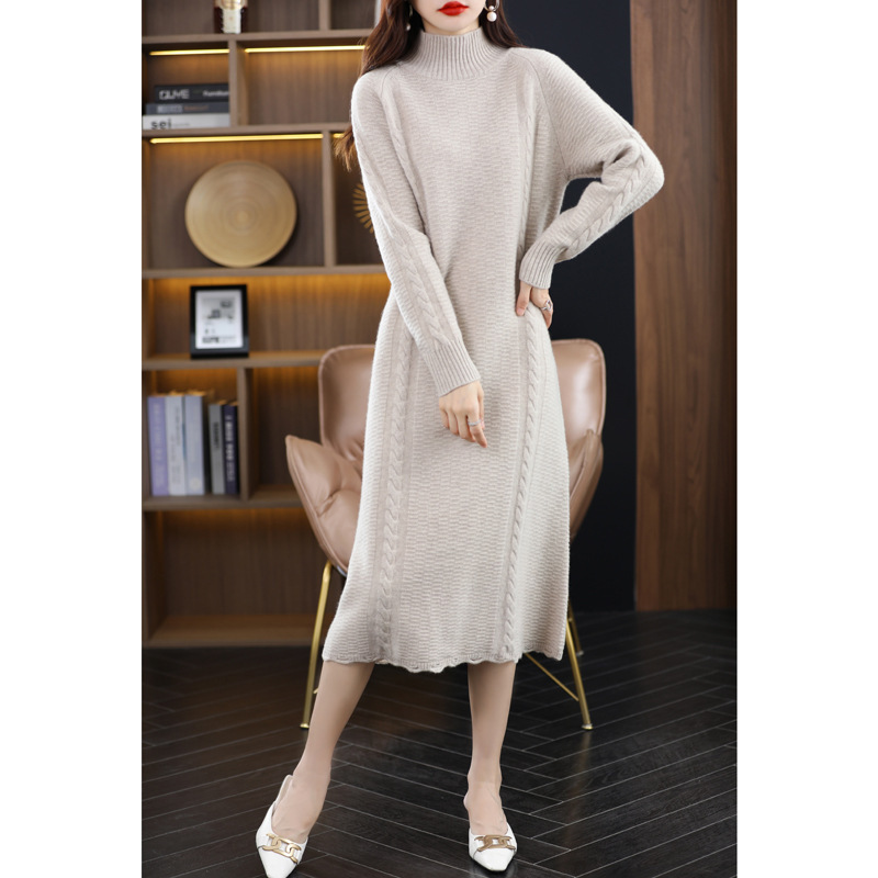 Vintage Twist Simple Solid Color High Neck Maxi Loose Slimming Autumn and Winter New All Wool Knitted Dress for Women