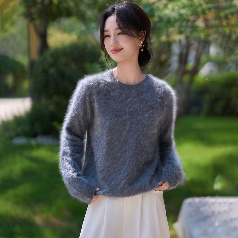 无缝一体山羊绒羊毛混纺拉绒毛衣女式圆领套头衫秋冬新款舒适打底|undefined