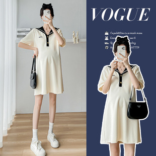 Pregnant Women's Summer Dress dress Small Navy Collar Belly Covering Age-reducing Slimming Fashionable Trendy Mom's plus size Summer Dress