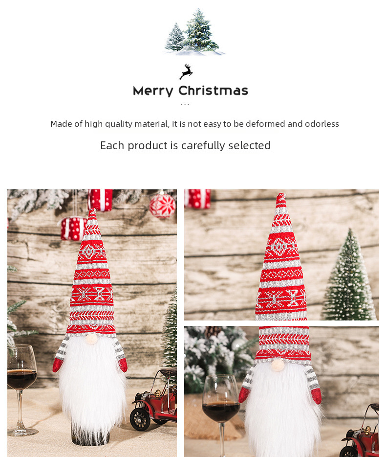 Christmas Decoration Knitted Wool Flatherless Old Man with Long Beard Wine Bottle Cap Wine Bottle Set Home Festivals_voghion.com