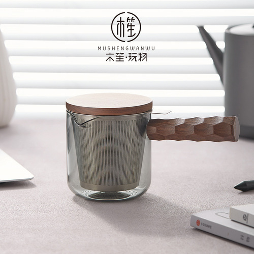 Wooden Sheng plaything side handle teapot glass single pot high temperature resistant wooden handle filter household teapot Kung Fu tea set