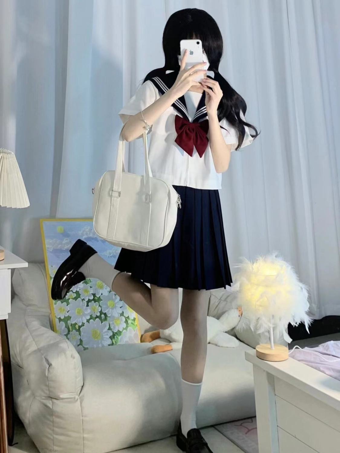 正規版オリジナルJK制服紺三本小衆基礎金長半袖シャツ着セットキャンパス風セーラー服