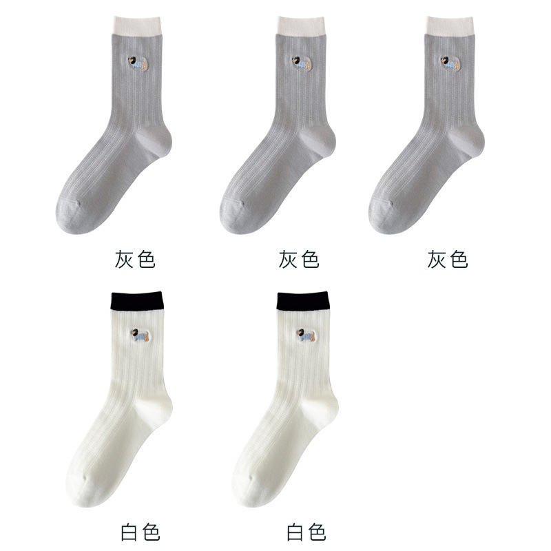 无骨袜子女刺绣卡通小狗春夏薄款透气抽条女袜中筒棉袜百搭校园袜|undefined