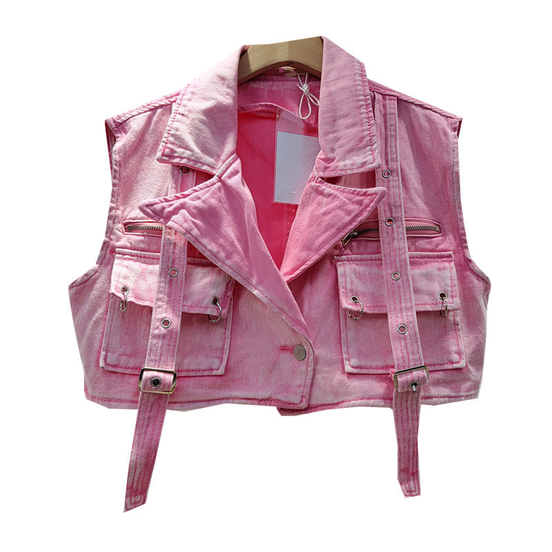 Estilo europeo y americano nuevo diseño personalidad edad-reducción Rosa ropa de trabajo gran bolsillo cinta Denim chaleco abrigo para las mujeres