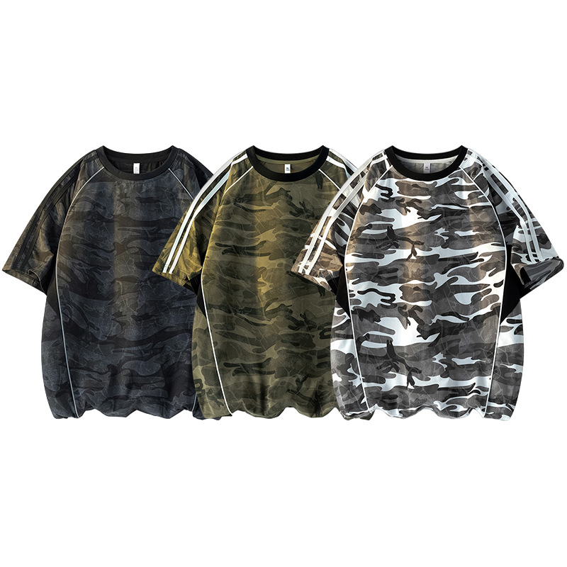 Cross-Border Wholesale American-Style Camouflage Short-Sleeve T-Shirt for Men, Summer Trendy Brand, Loose Casual Ice-Feel Half-Sleeve Top