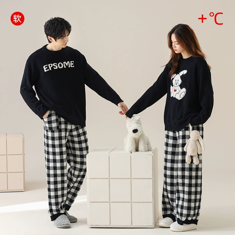 [Мягкий бархат] Осенняя и зимняя пара пижамы для женщин утолщенные и теплые сетки для мужчин