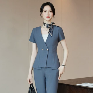 短袖职业西装灰套装女夏薄美容院医美学校老师4S物业公司酒店工装