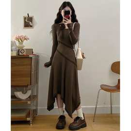 美拉德咖色针织连衣裙女春季新款大码胖不规则内搭打底长裙