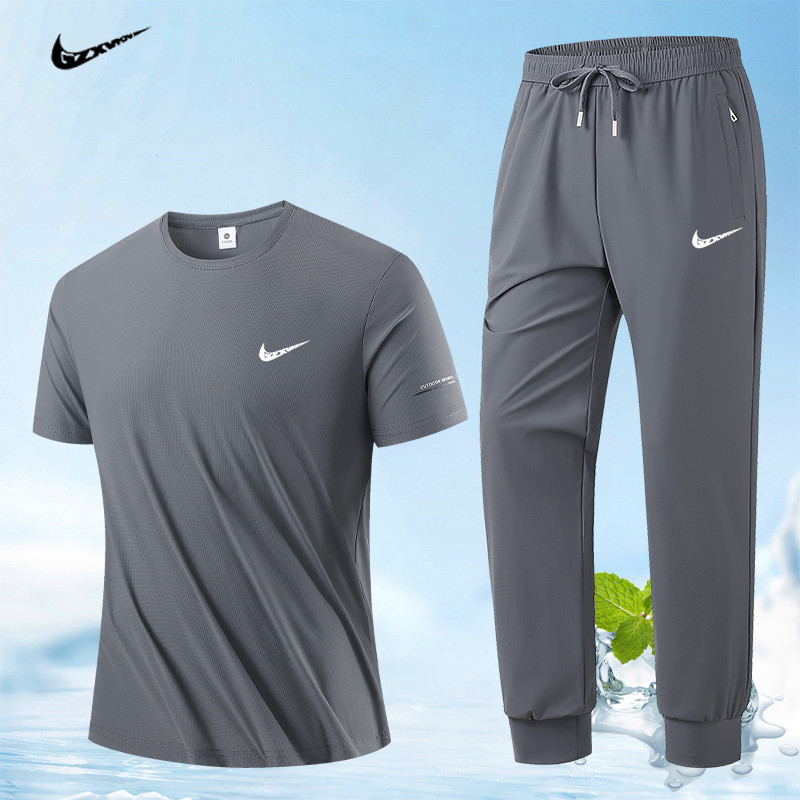 Men's Summer New Sports Wear Set, Ice Silk Short-Sleeve and Long Pants, Running Fitness Basketball Outfit, Trendy Two-Piece Set