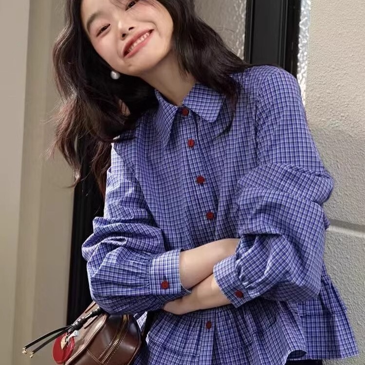 Cotton-Containing Miu Blue Plaid Shirt Women's 2025 Spring New Ruffled Long-Sleeved Shirt Top Short Autumn