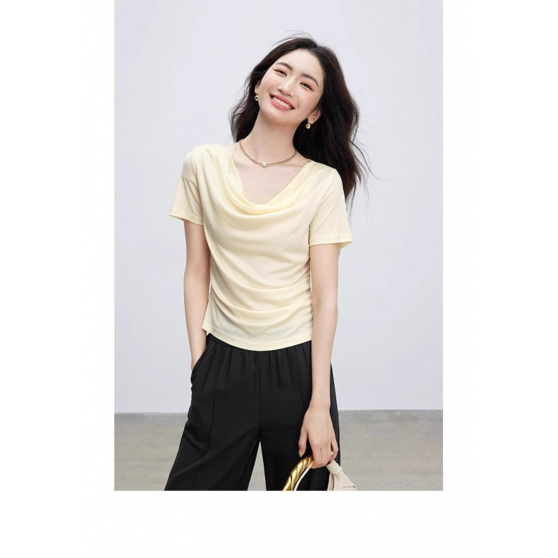 2025 Summer Swing Collar Pullover Simple Pure Color Short-Sleeved T-Shirt Casual Work Clothing Top Niche Design Bottoming Shirt
