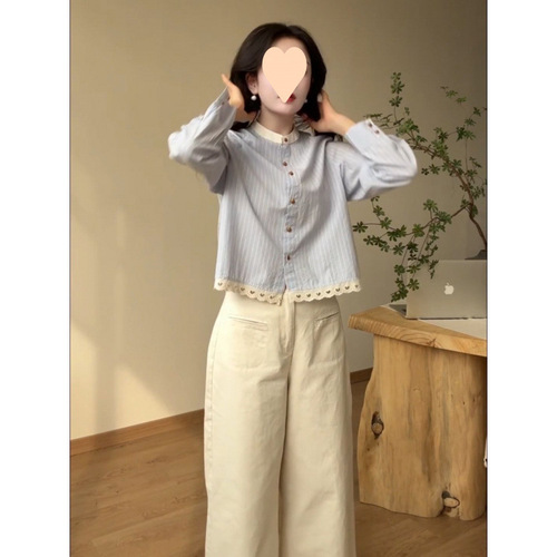 French Countryside Chic: Delicate, Fresh, Sweet, Heart-Shaped Hollowed Lace-Embroidered Striped Stand-Neck Shirt for Women – 2025 Spring/Summer