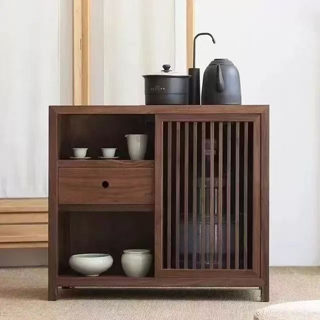 实木移动茶水柜新中式办公室黑胡桃木茶边柜茶桌侧边柜客厅茶台|undefined