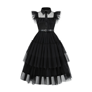 Girls' Adams Family Wednesday cosplay Same Style Dress Girls' Flying Sleeve Waist Long Dress Performance Dress