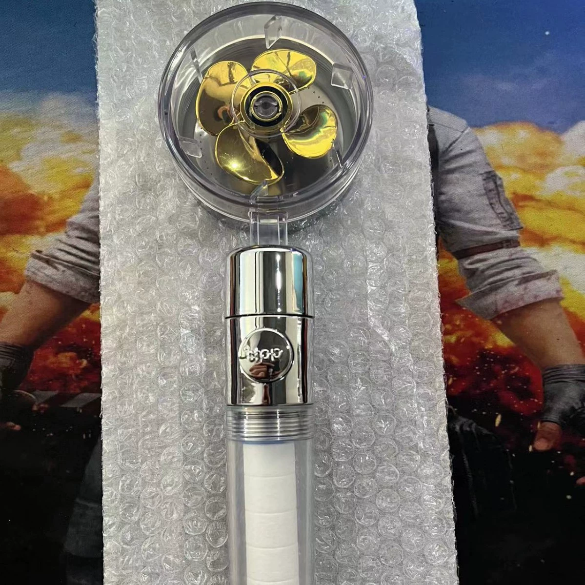 Turbo shower head with propeller turbine, flow control & water-stop, 25×8×4 cm, 0.15 kg
