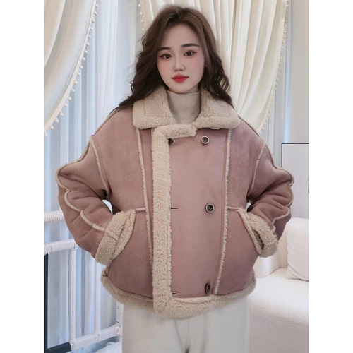 150 Short Women's Collar-Padded Short Jacket Autumn/Winter Thick Top Coat Warm Leather-Fur Integrated Motorcycle Suit
