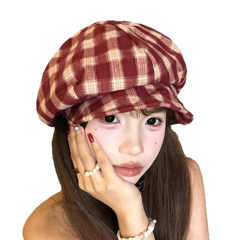 日系复古格纹贝雷帽子女款春秋大头围显脸小画家帽文艺百搭云朵帽|undefined