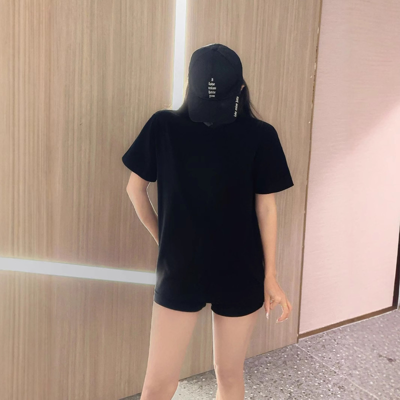 日本系重ポンド純綿ゆるい半袖tシャツ女性純色丸首カジュアル百合男女同種tシャツ上着ins|undefined