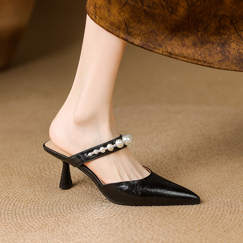 Giày sandal cao gót nữ mũi nhọn da bò, gót mảnh 9 cm, phong cách nữ thần — đen