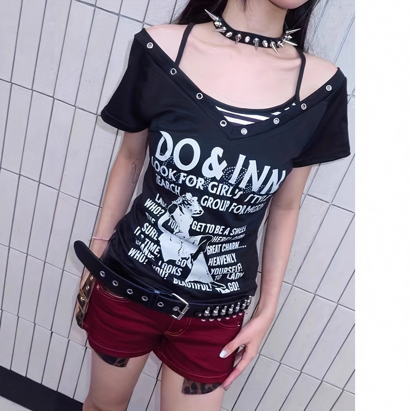 Foreign Trade European and American Temu Subculture Punk Y2K Millennium Sexy Retro Letter V-Neck T-Shirt Women's Summer Stripesd Top