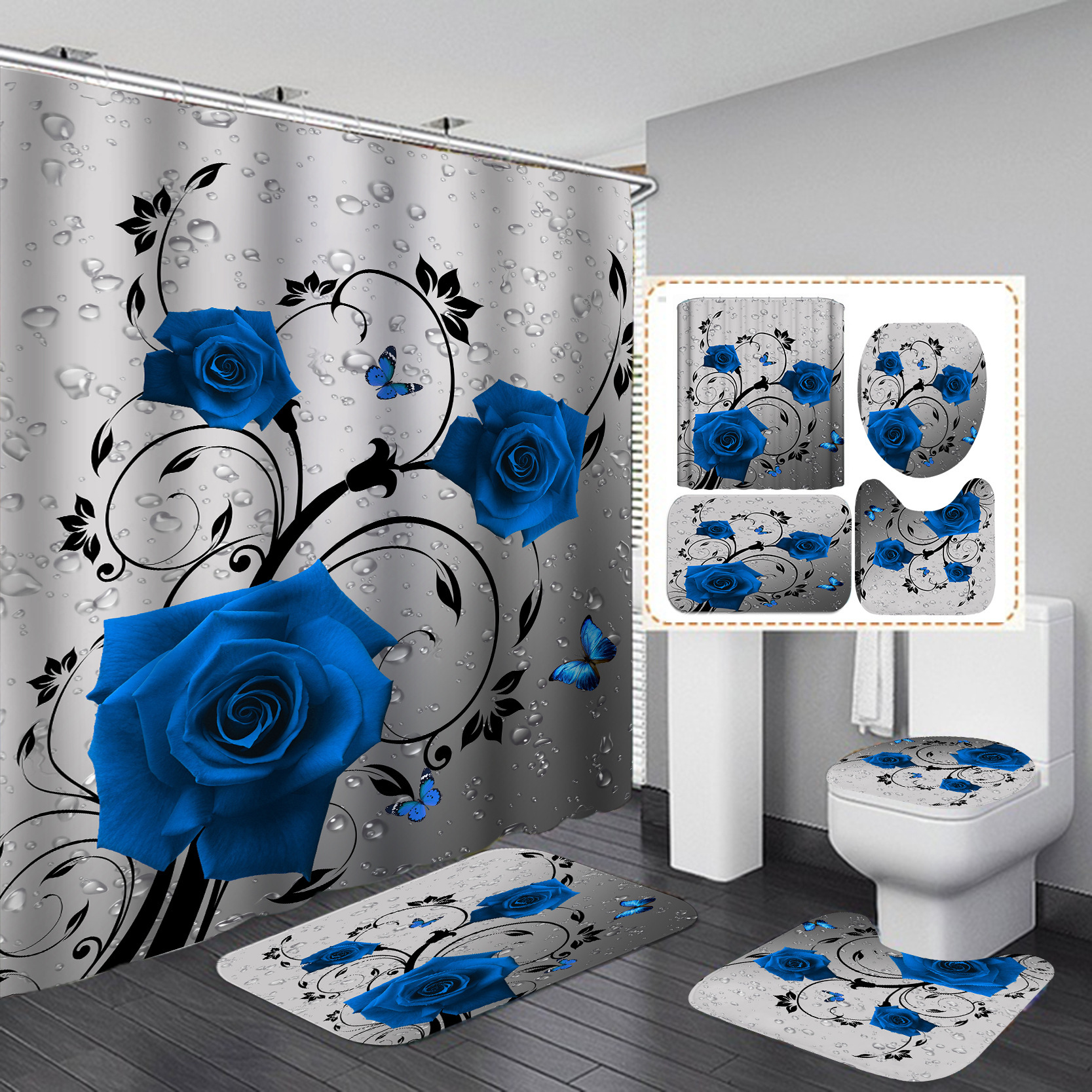 Cortina de baño impermeable y seca rápida, almohadilla de inodoro, baño transfronterizo, conjunto de cuatro piezas, cortina de aislamiento de baño antideslizante impresa en rosa image 27