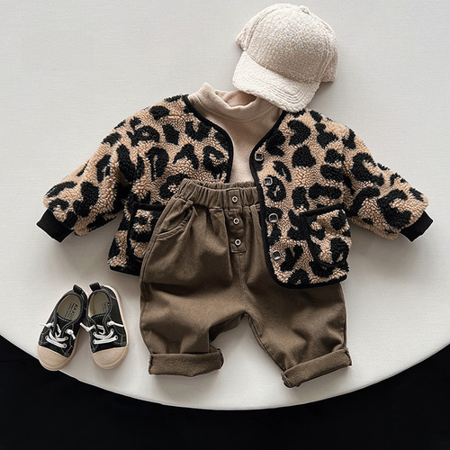 Boys' and Girls' Japanese and Korean Style Thin Fleece Casual Pants, Unisex Children's Versatile Winter Warm Pants, Baby Spring and Autumn Versatile Children's Clothing