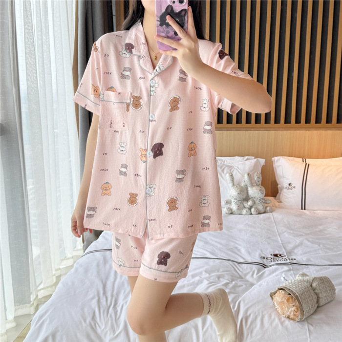睡衣女夏季梭织泡泡棉皱布ins公主风可爱短袖夏天薄款家居服套装|undefined