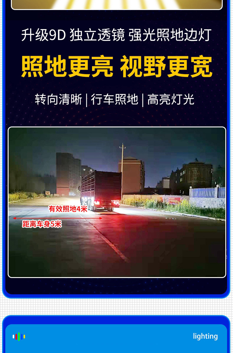 9D Multi-Bead Lens Truck Side Light, Strong Illumination, 12V/24V Large Truck Trailer Tire Light, Width Indicator Light, Waist Light