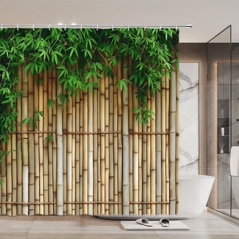 Bamboo Leaf Reed Shower Curtain with Hooks, Machine Washable Polyester Fabric, Rustic Plant Pattern, Green Leaf Design Bathroom Shower Curtain Bamboo Leaf Reed Shower Curtain with Hooks, Machine Washable Polyester Fabric, Rustic Plant Pattern, Green Leaf Design Bathroom Shower Curtain