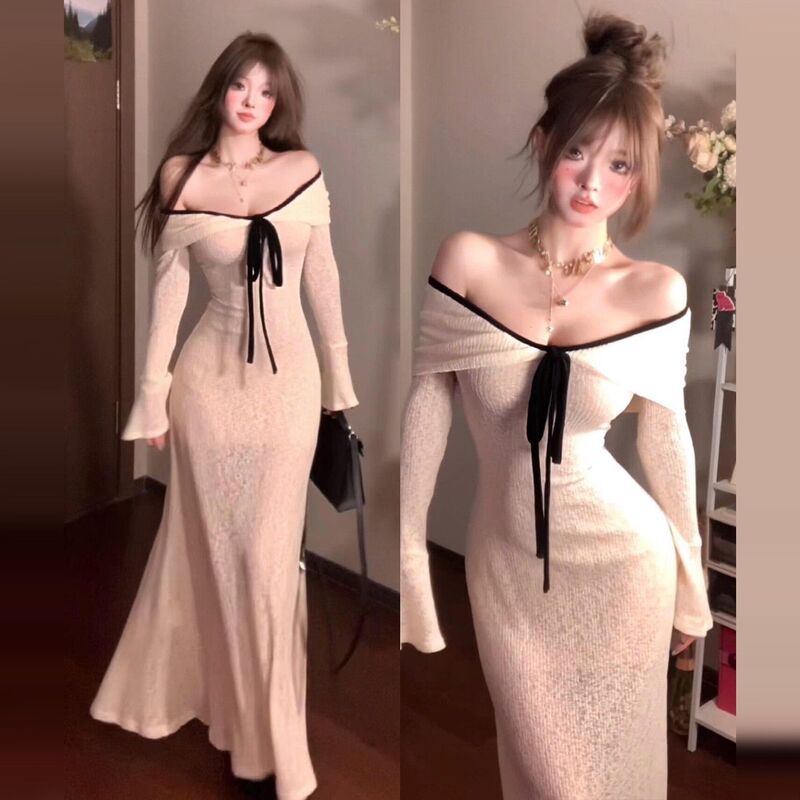 Sexy Pure Desire One-Shoulder Long-Sleeved Knitted Dress for Women in Early Autum, Super Good-Looking, Slim-Fitting and Hip-Hugging Long Skirt