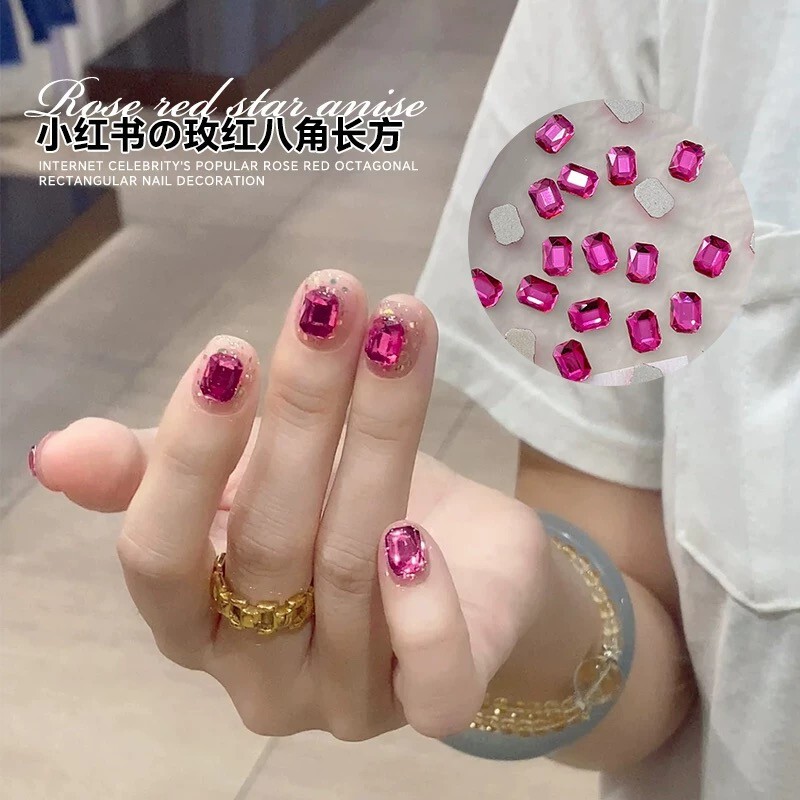 网红新款K9倒边平底八角钻美甲饰品超闪玫红色方糖异形钻指甲装饰|undefined