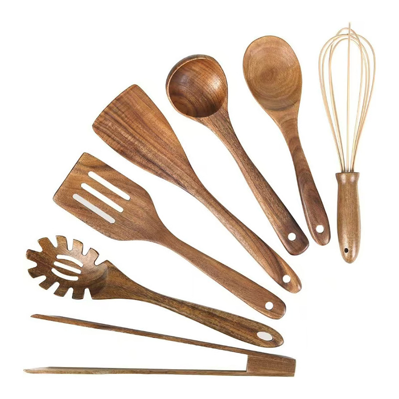 Juego de cocina de teca, cuchara de pala de madera maciza, tenedor, sartén antiadherente, utensilios de cocina de madera de acacia, espátula de mango largo, juego de cocina de 9 piezas