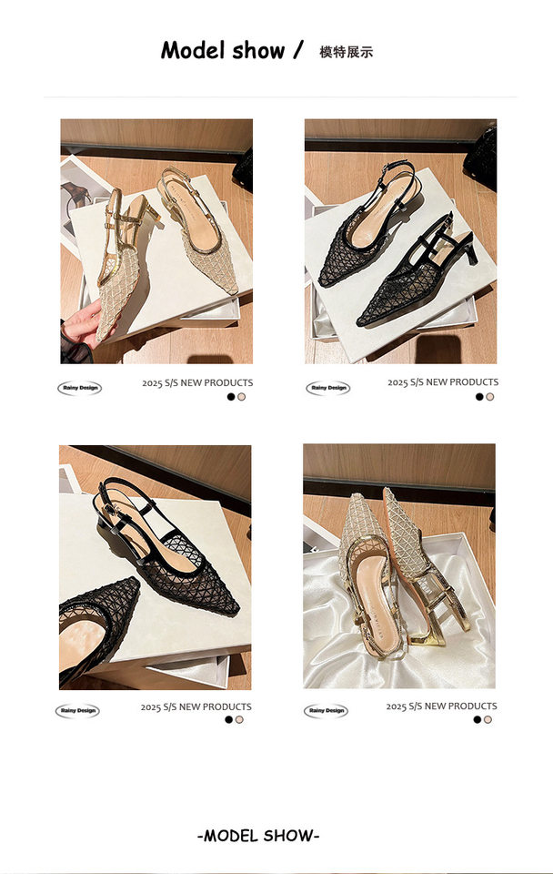 Dép sandal nữ bít mũi lưới thoáng khí mũi nhọn quai ngang gót thô 3–6 cm — Màu vàng, Màu đen chi tiết 7