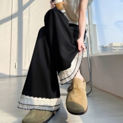 黒いレースの小さいラッパのズボンの女性2025夏の薄いタイプの高腰はゆったりしていて痩せています。