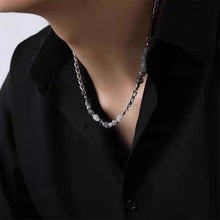 新款方牌天然石黑白水晶拼接钛钢项链个性高级感百搭卫衣链颈链